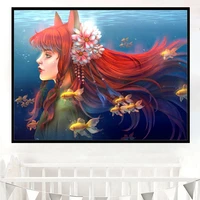 5d diamond painting art fantasy girl with golden fish and flowers under the sea mosaic cross stitch kit decor gift fro howm