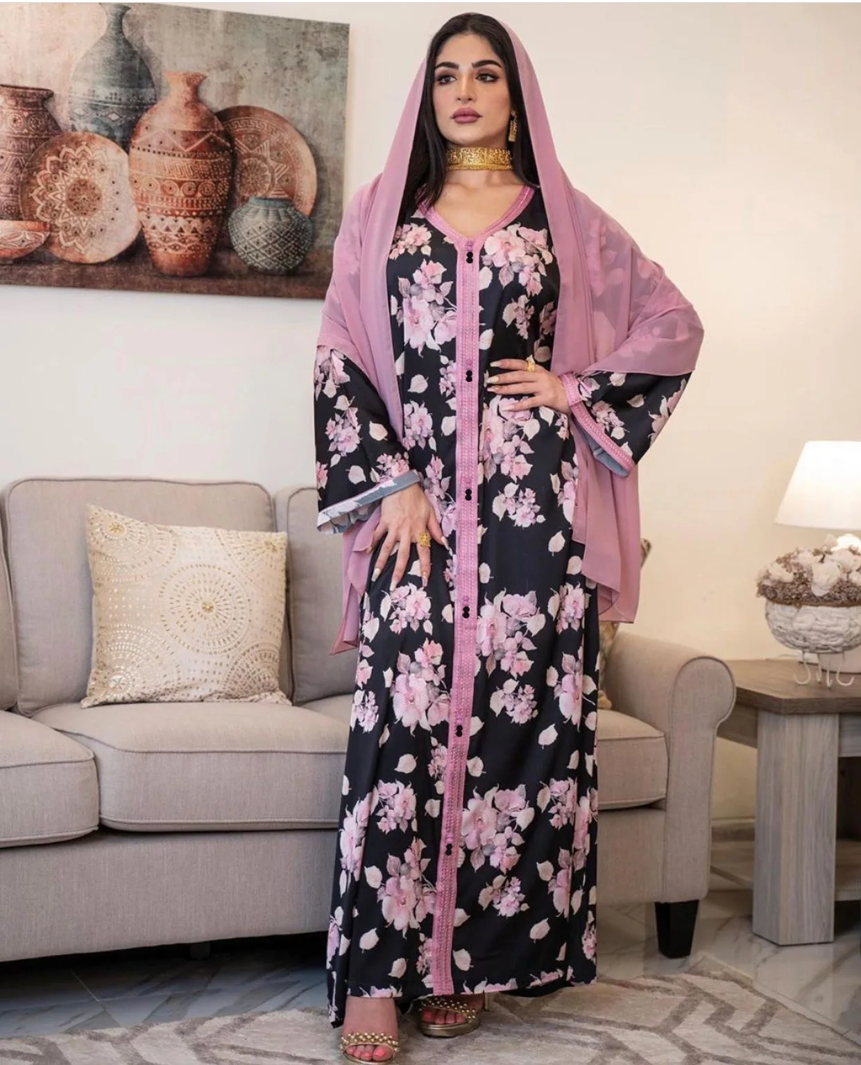 

Мусульманская одежда на Ближнем Востоке, платье с цветочным принтом, арабское мусульманское платье Jalabiya