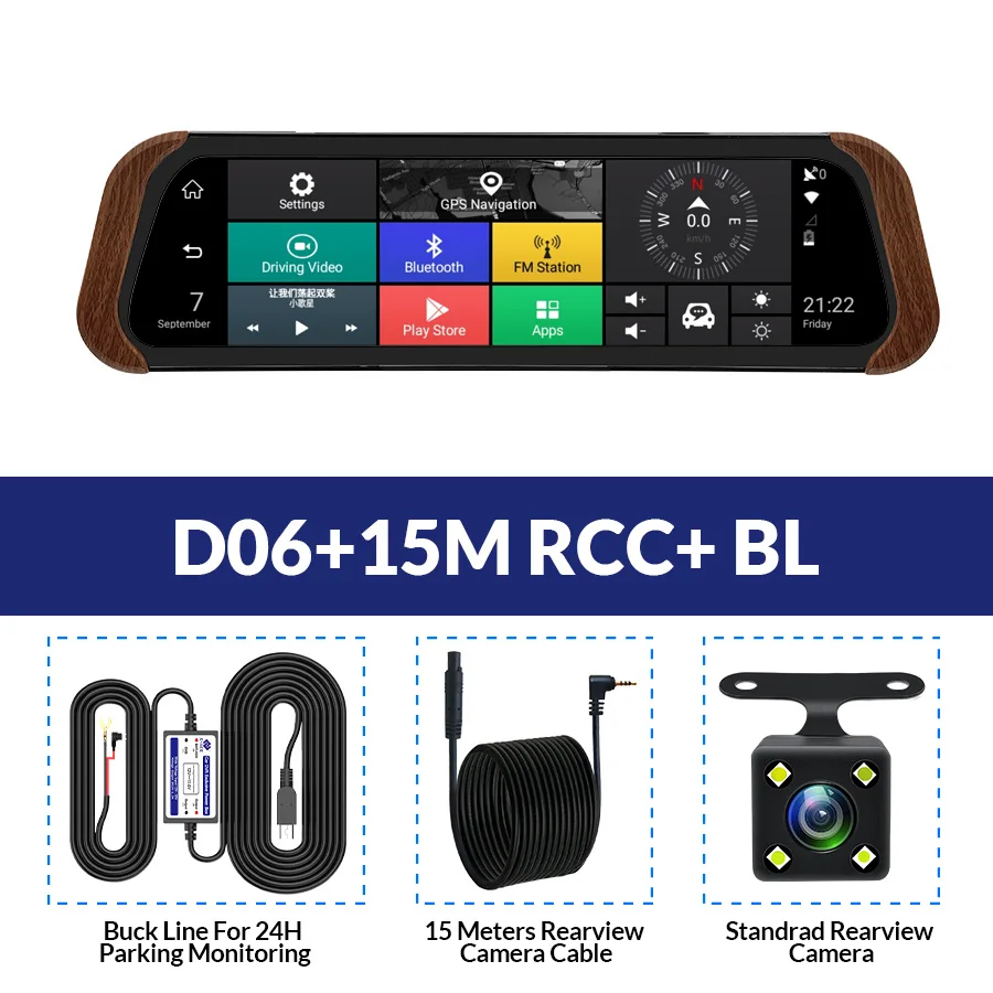 E-ACE D06 Android 5,1 gps Автомобильный видеорегистратор 10 дюймов поток зеркало заднего вида 4G видео регистратор Авто Регистратор 1080P gps навигатор видеорегистратор - Название цвета: D06-15M RCC-BL