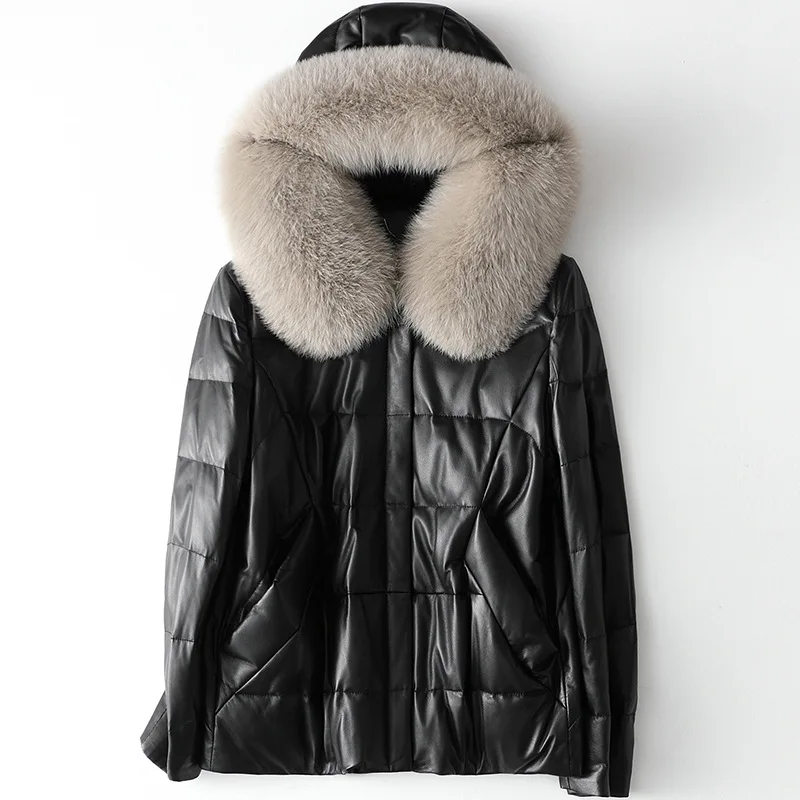 Black Genuine Leather Women's Sheepskin Coat Hooded with Real Fur Short Warm Duck Dowm Jacket for Winter Female Outerwear New