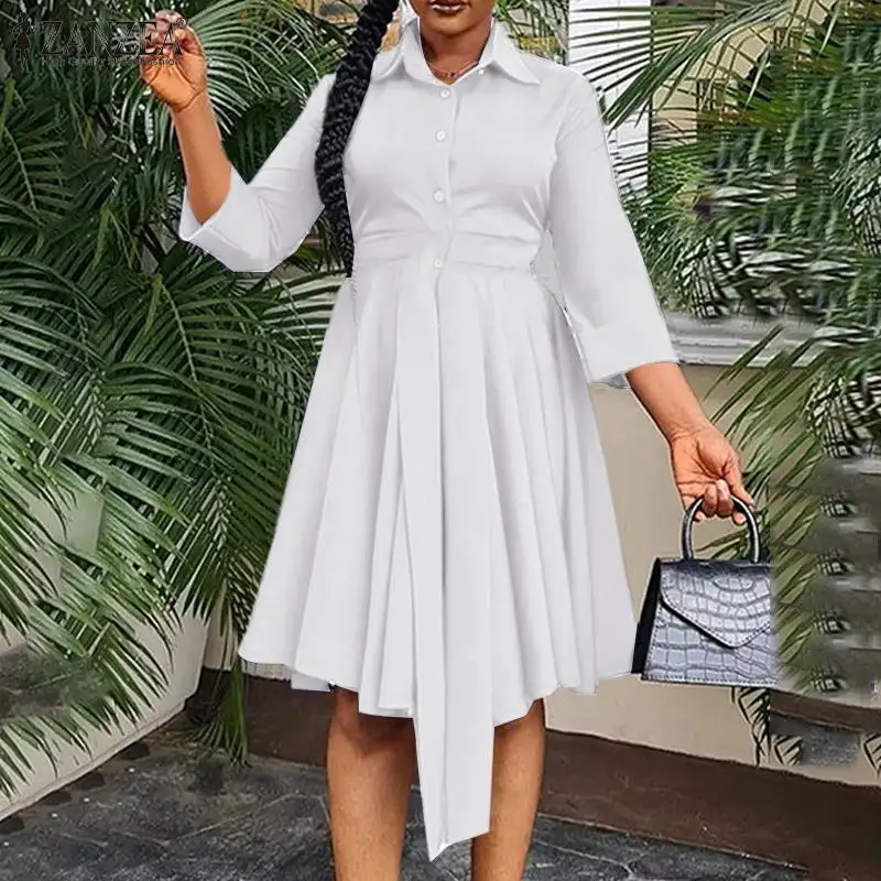 

Women Elegant Solid Dress 2021 Autumn Party Midi Dresses ZANZEA Fashion Lapel Waist Robe Lady Holiday Casual OL Vestido Oversize
