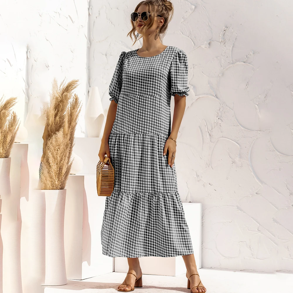 

Women's Summer Long Dress Casual Plaid Print Loose Maxi Dress Elegant Short Sleeve Patchwork Robe Woman Holiday Party Dress 2021