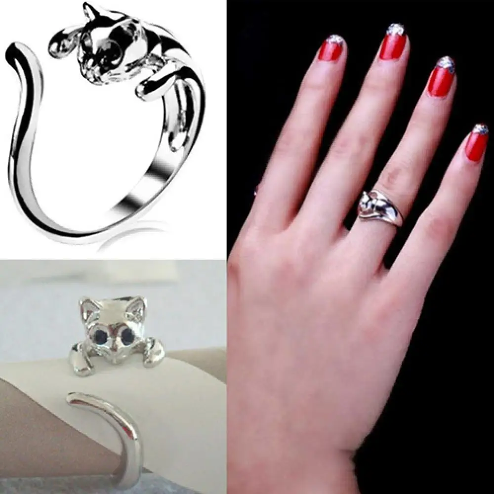 

Hot Sales!!! Women Lovely Silver Plated Kitten Cat Animal Rhinestone Eyes Open Knuckle Ring