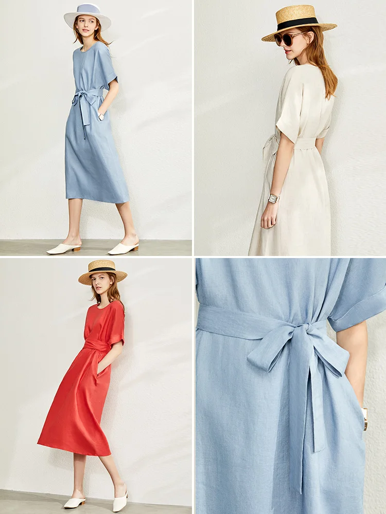 

Amii Minimalism New Causal Women's Dress Offical Lady 100%Linen Oneck Loose Belt Calf-length Women's Summer Dress 12140192