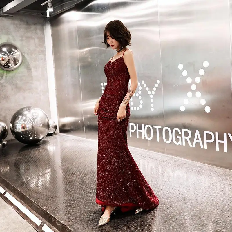 Robe De Soiree элегантное бордовое вечернее платье на тонких бретельках модное