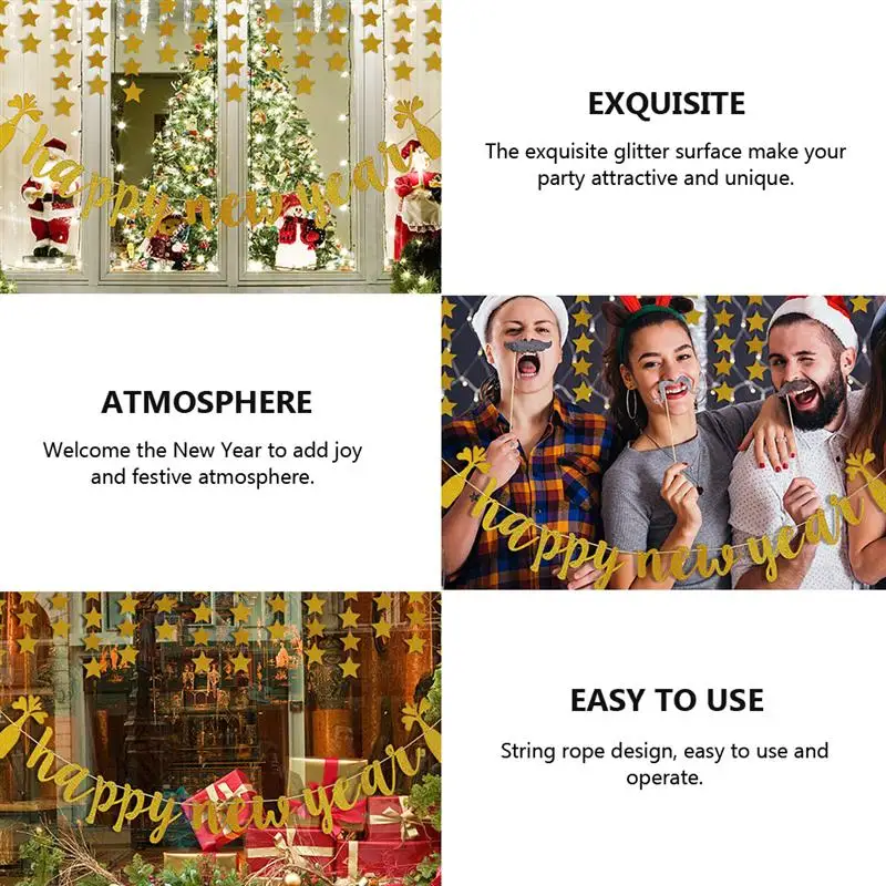

2Pcs New Year Banner Party Banner Decors Happy New Year Glitter Banners For Home New Year Party(Golden)