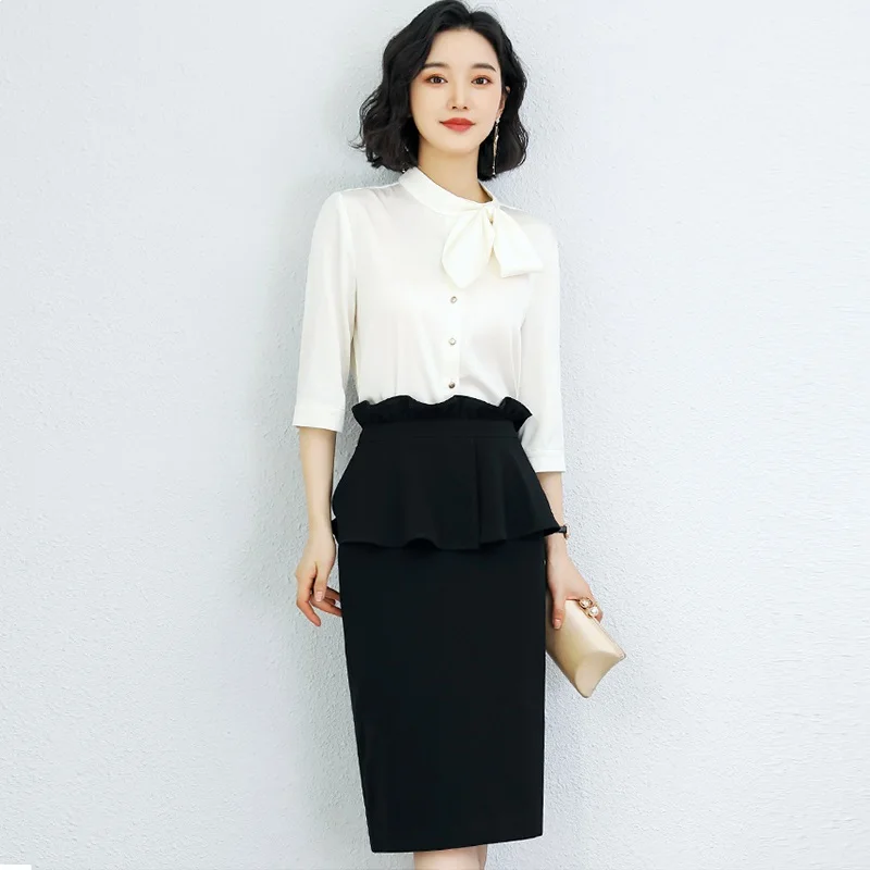 

2020 High Quality New Fashion Office Lady Blouse Skirt Set,Interview Women Formal Clothing,Beauty Salon Uniform Set