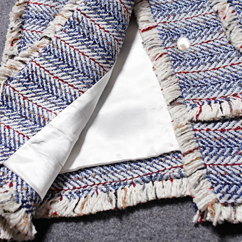 

Blue striped jacket sleeveless 2020 spring / autumn / winter women's jacket tweed new female ladies knitted tassel jacket