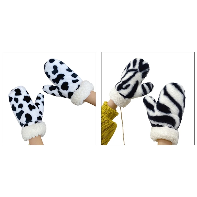 

Zebra Stripes Mittens with String Plush Cow Printed Gloves Winter Warm Gloves G5AE