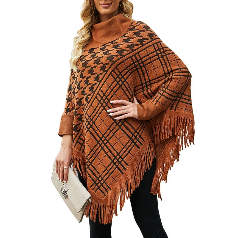 

2021 Fashion Women's Shawl Cloak Sweater New Autumn Casual Hot Sale Lapel Pullover Plaid Print Loose Tassel Knitted Sweater