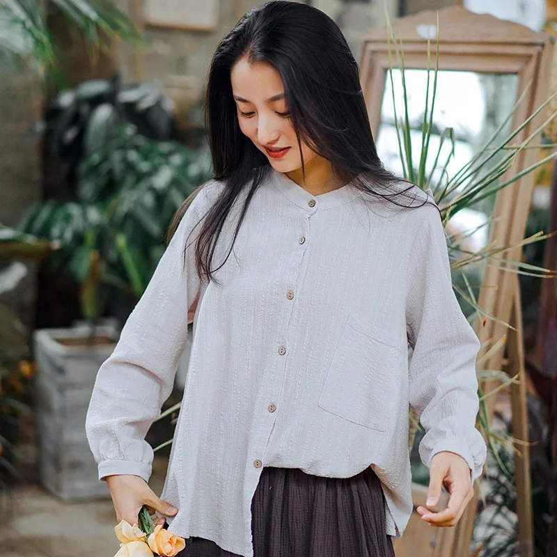 Хлопковые льняные рубашки винтажные блузки одноцветные весна 2020 новые