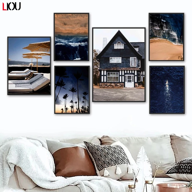 Океан пляж кокосовое дерево горная стена Картина на холсте скандинавские