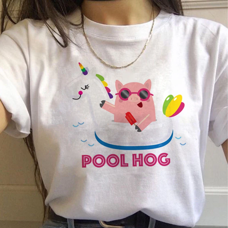Единорог Kawaii Harajuku футболки женские милые Unicornio Ullzang мультфильм футболка 90s Забавный принт футболки с графическим изображением женские - Цвет: 7557