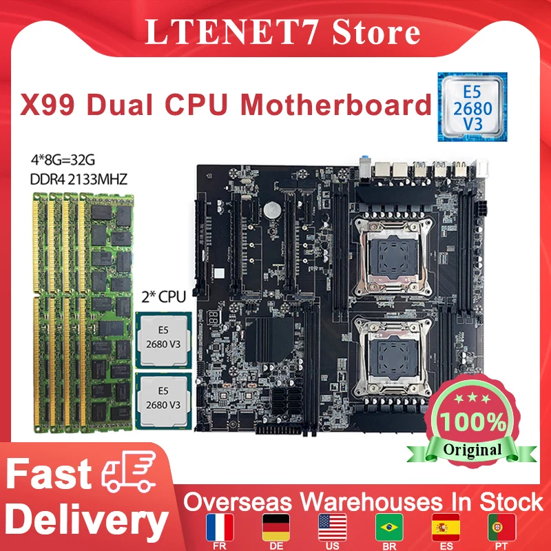 

Материнская плата X99 для компьютера с двойным процессором, 2,5-3,3 ГГц, E5-2680 V3 + E-ATX 4 канала, 4/8 Гб ОЗУ, DDR4 2133 + 3xPCI-E X16, материнская плата Chia