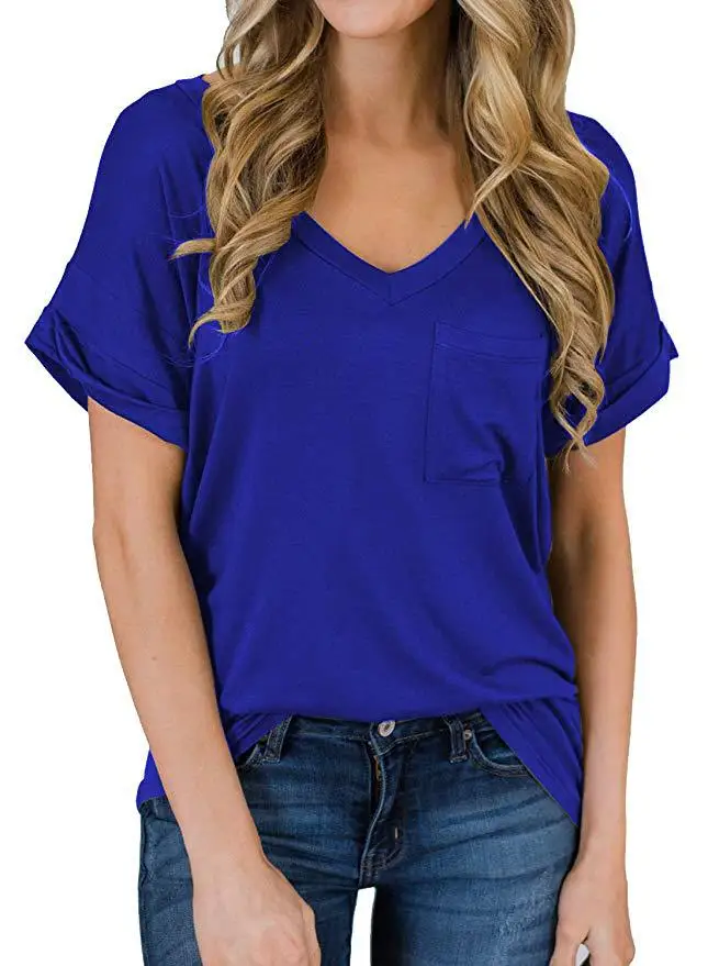 

Women's Spring/Summer 2021 V-neck Pocket T-shirt Short Sleeve Loose Top KE5