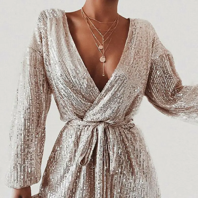 

Sexy Women Playsuit Deep V Neck Sequin Glitter Long Sleeve Gown Short Clubwear Playsuit Female Bodycon Jumpsuit Romper Trousers