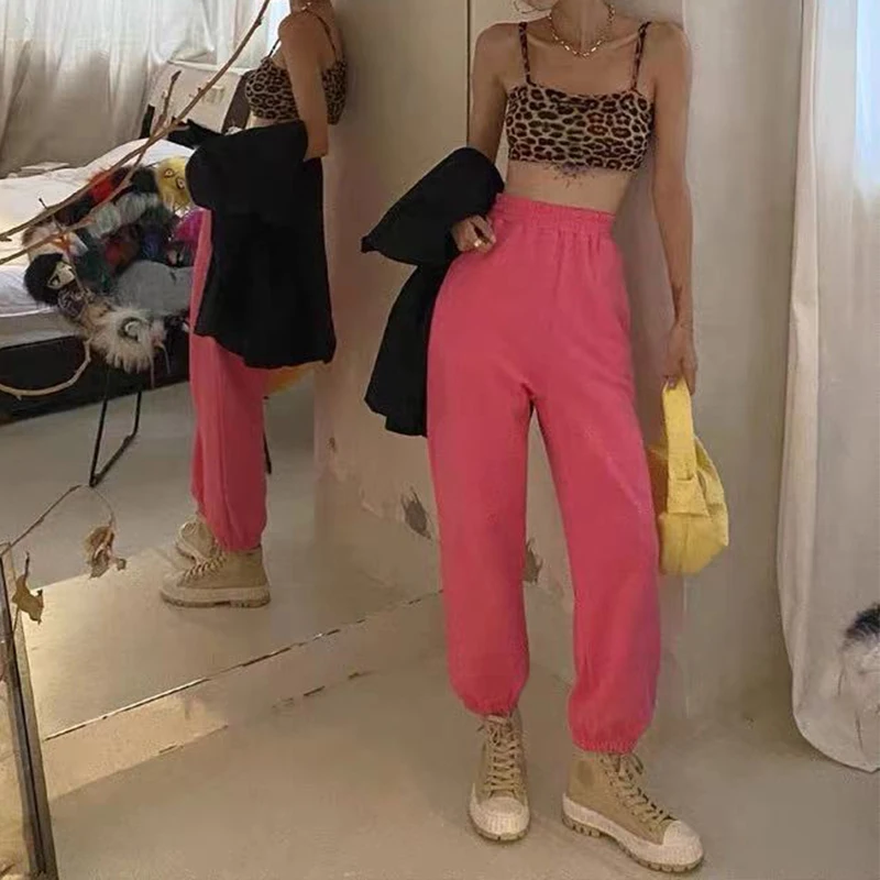 

SHIJIA 2021 New Cotton 100% Sweatpants Women Elastic High Waist Lace Up Casual Wide-legged Pants Female Orange Loose Trousers