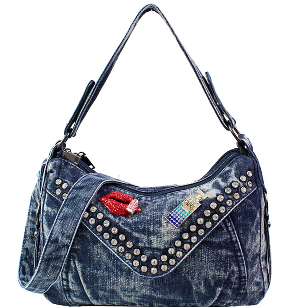

Women's Rivet Canvas Handbags Female Luxury Diamonds Denim Shoulder Bags New Design Messenger Bag For Ladies 2021 Free Shipping
