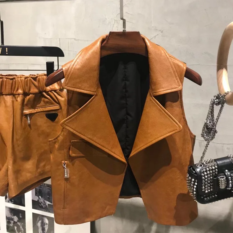 

SHZQ, женский жилет из натуральной кожи и шорты, Женский комплект из натуральной овечьей шкуры