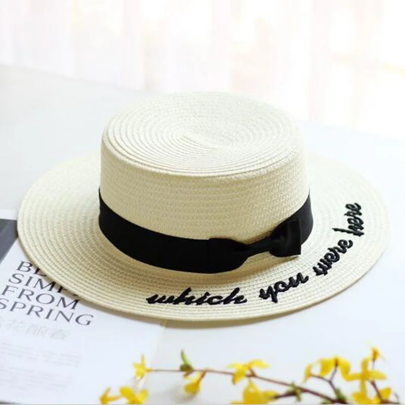 New Summer Sun Hats Women Fashion Girl Straw Hat Ribbon Bow Beach Casual Flat Top Panama Bone Feminino | Аксессуары для одежды