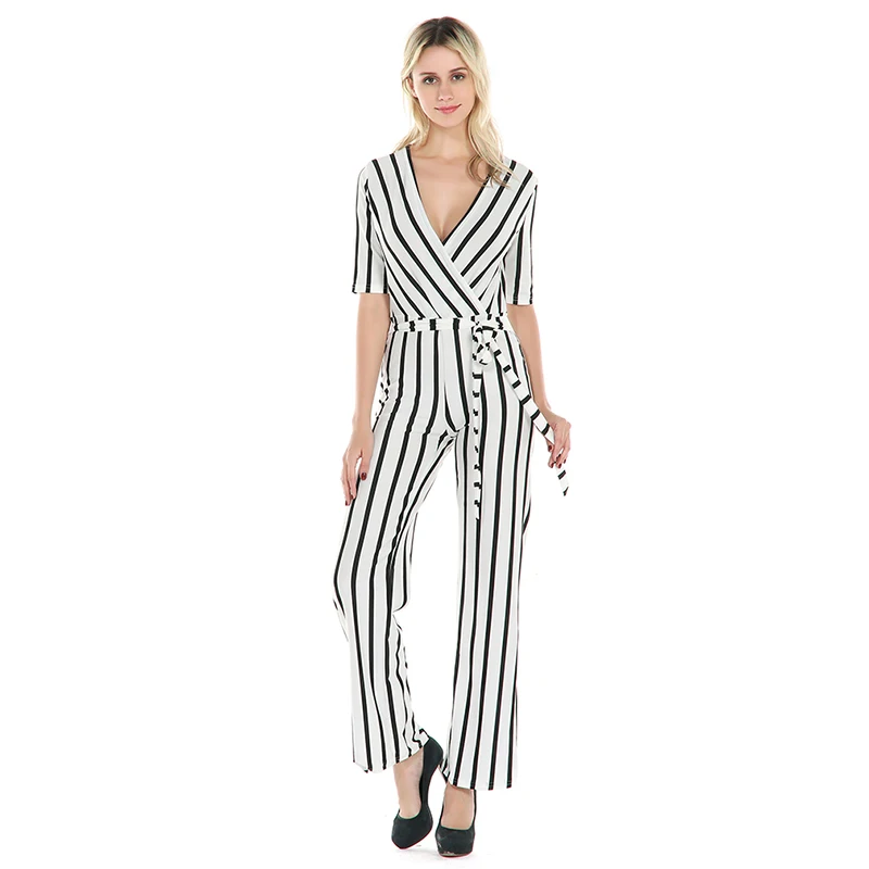 

GAOKE Women's Striped Jumpsuit Sexy V-Neck Half Sleeve High Waist Playsuit With Sashes 2019 Autumn New Arrival Elegant Jumpsuit