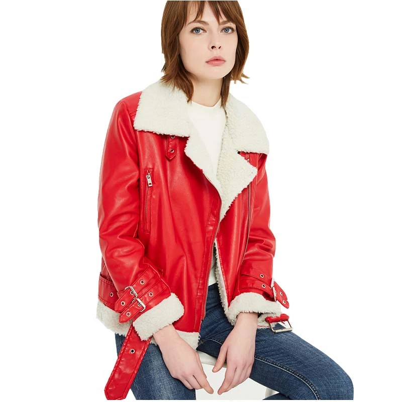 Осенне зимняя красная байкерская куртка из искусственной кожи Sherpa для женщин