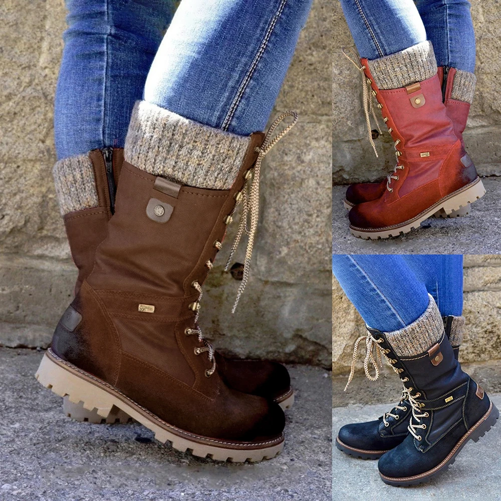 Puimentiua Winter Shoes Women Boots Basic Mid-Calf Boots Round Toe Zip Platform Decor Female Shoes Warm Lace Up Boots Shoes