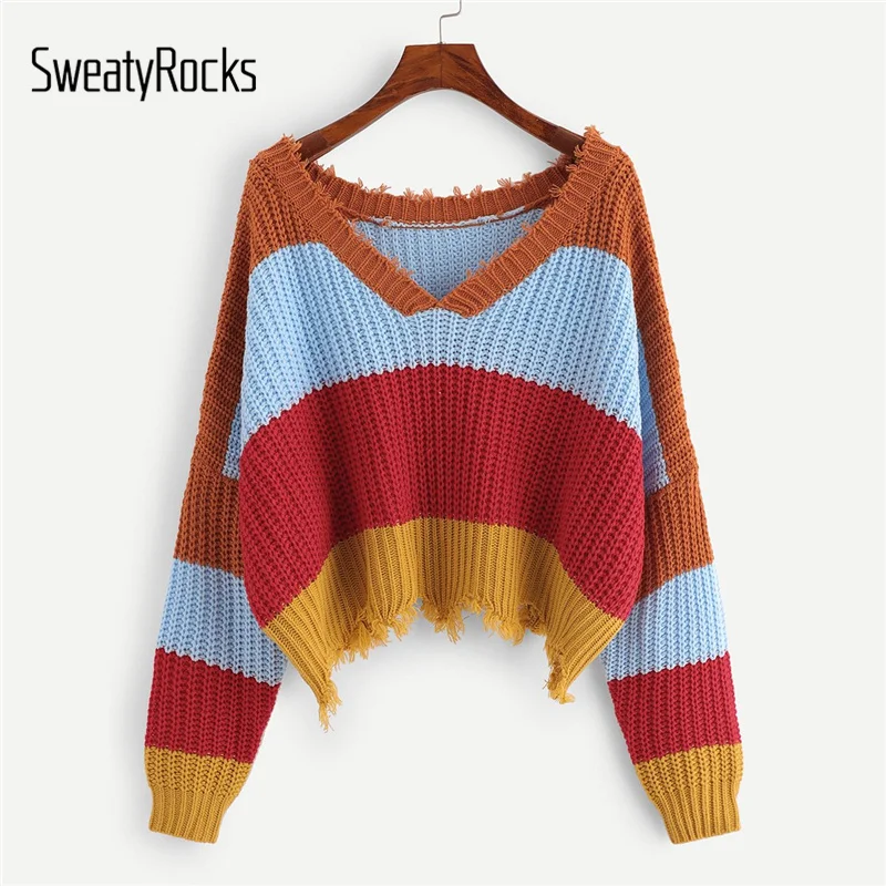 SweatyRocks цветной блок v-образный вырез необработанный край свитер женский консервативный цветной свитер уличная Осень Женские Повседневные свитера