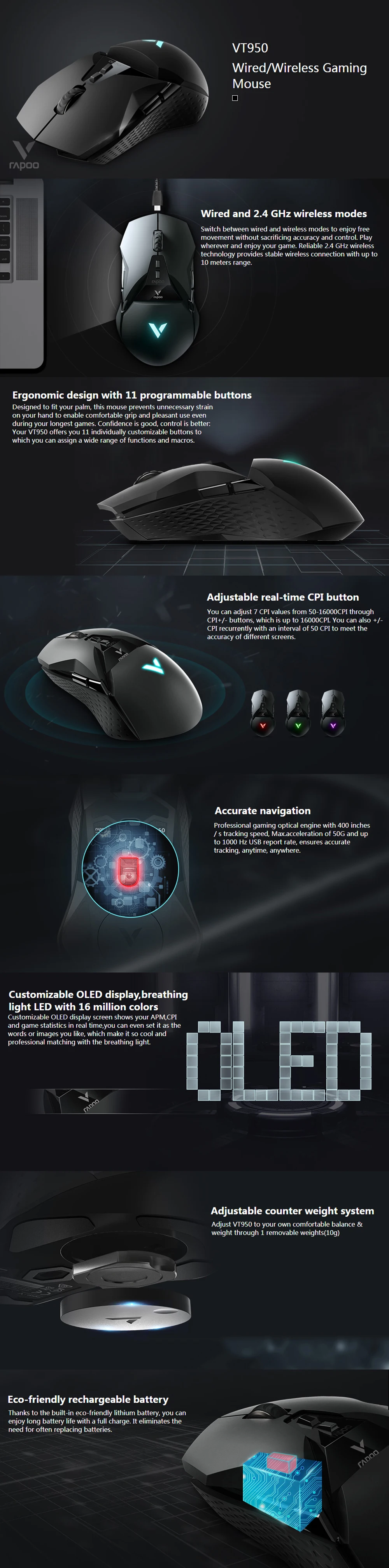 VT950 Gaming Mouse Wired + 2.4G Wireless Rechargeable Mouse 16000DPI 7 Buttons Optical Gaming Mouse for Computer PC Gamer
