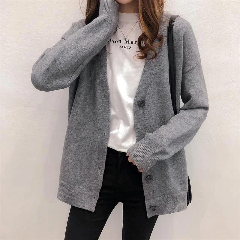 

Basic Deep V-Neck Loose Women Knitted Sweater Long Sleeve Female Cardigan with Buttons Solid Ladies Casual Cardigans for Outwear
