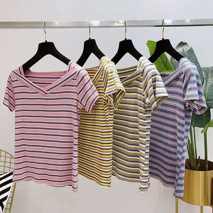 

Short-sleeved Striped V-neck Bottoming Shirt 2021 Summer Korean Style T-shirt Women's Slim Shirt with Clavicle