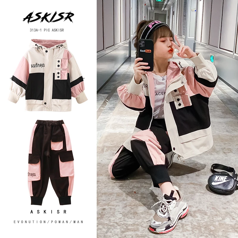 Комплект одежды для девочек Осенние куртки Брюки-карго Спортивный костюм