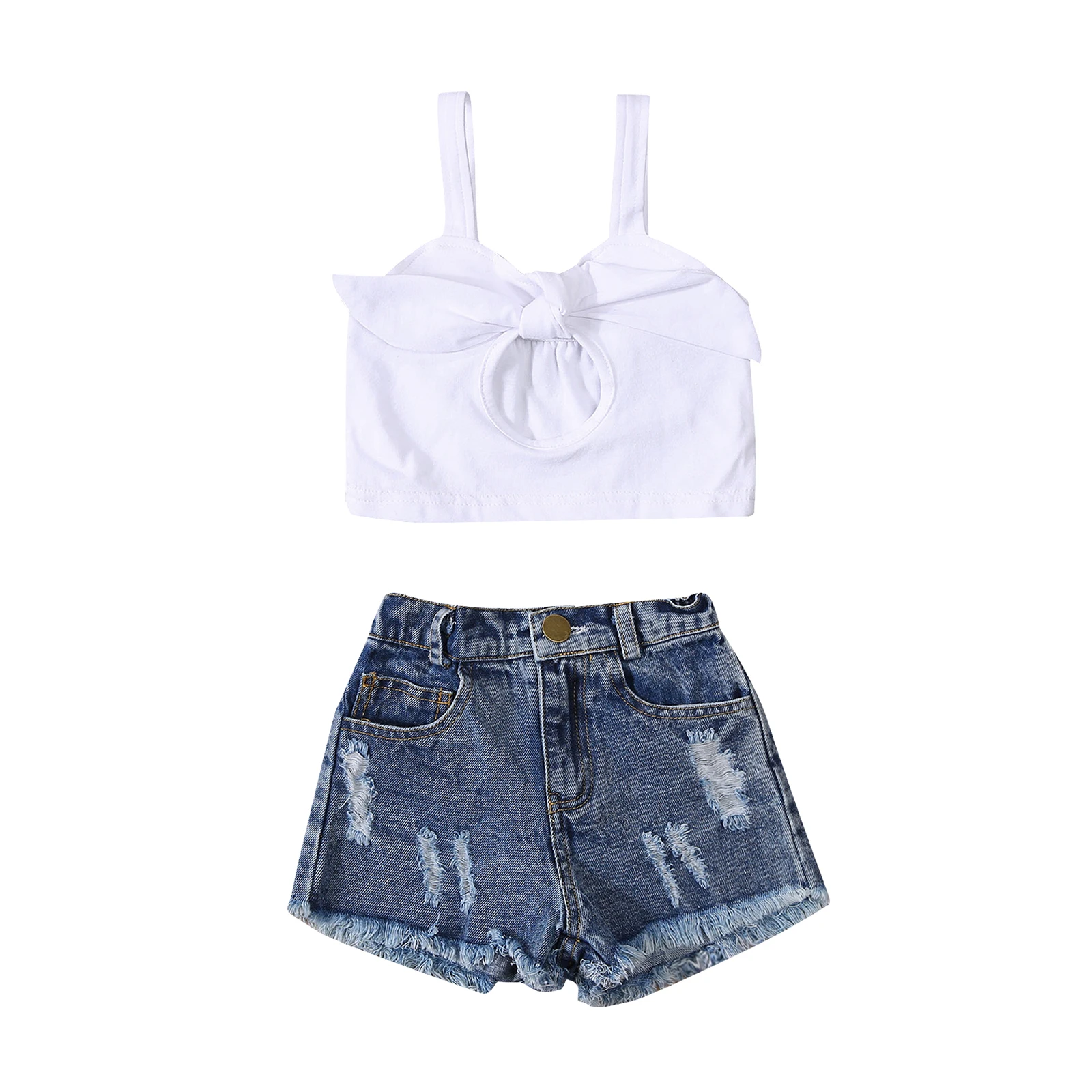 

2Pcs Little Girls Outfit Toddlers Solid Color Hollow Knotted Sleeveless Suspender Tops + Rough Selvedge Ripped Denim Shorts 1-6T