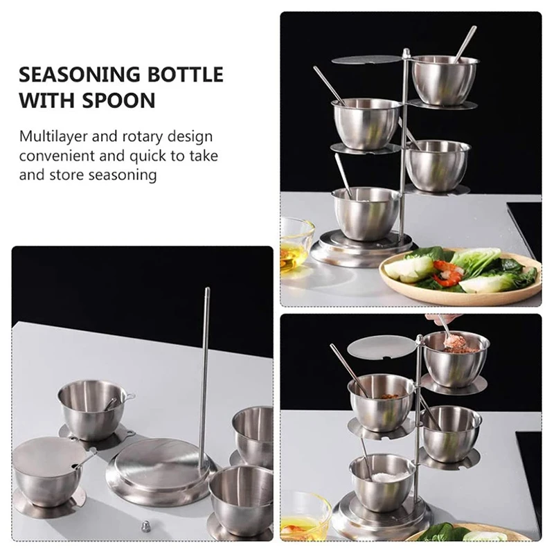 

Stainless Steel Seasoning Containers Set Cruet Bottle Salt Pepper with Serving Spoons (4 Layers)
