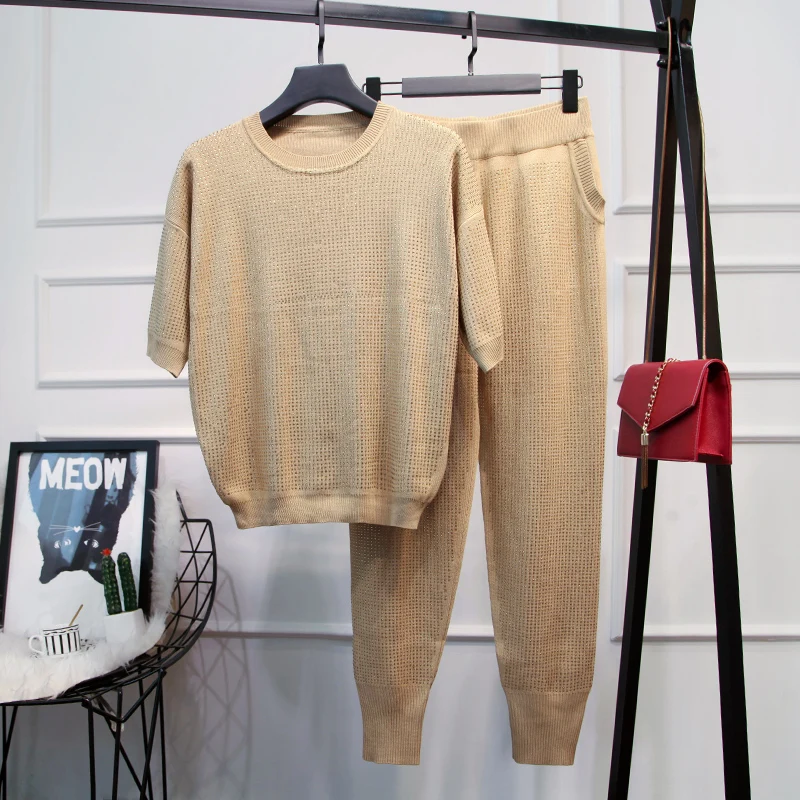 

Spring summer Women's kintted leisure suit High quality Diamonds Tee shirts+casual pants two piece set women's sweat suit B762