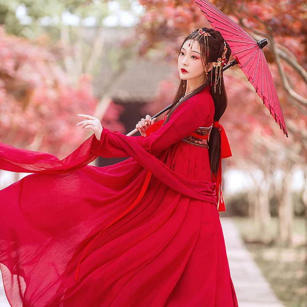 Hanfu Tang Dynasty Dress Woman Chinese Traditional Dance Costumes Red Elegant Fairy Folk Performance Clothing