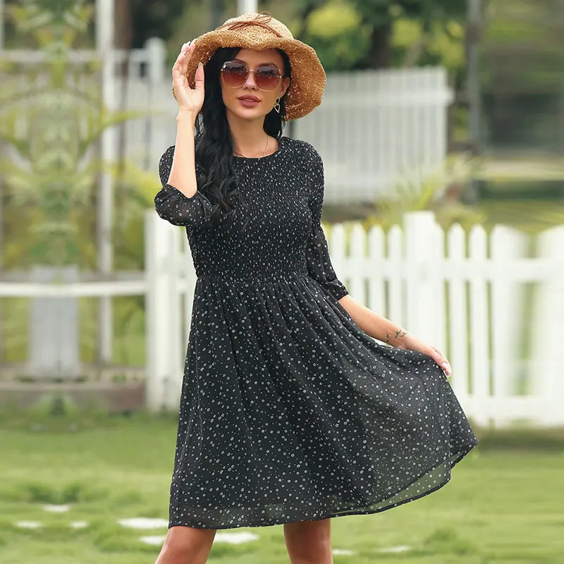 

2021 New Dot Print Dress For Women Casual Half Sleeve O Neck Elastic Waist Spring Summer Medium Long Beach Dress