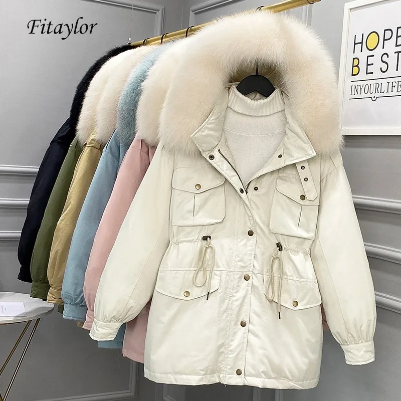 Fitaylor Женская куртка средней длины с капюшоном и натуральным мехом 90% утиного пуха