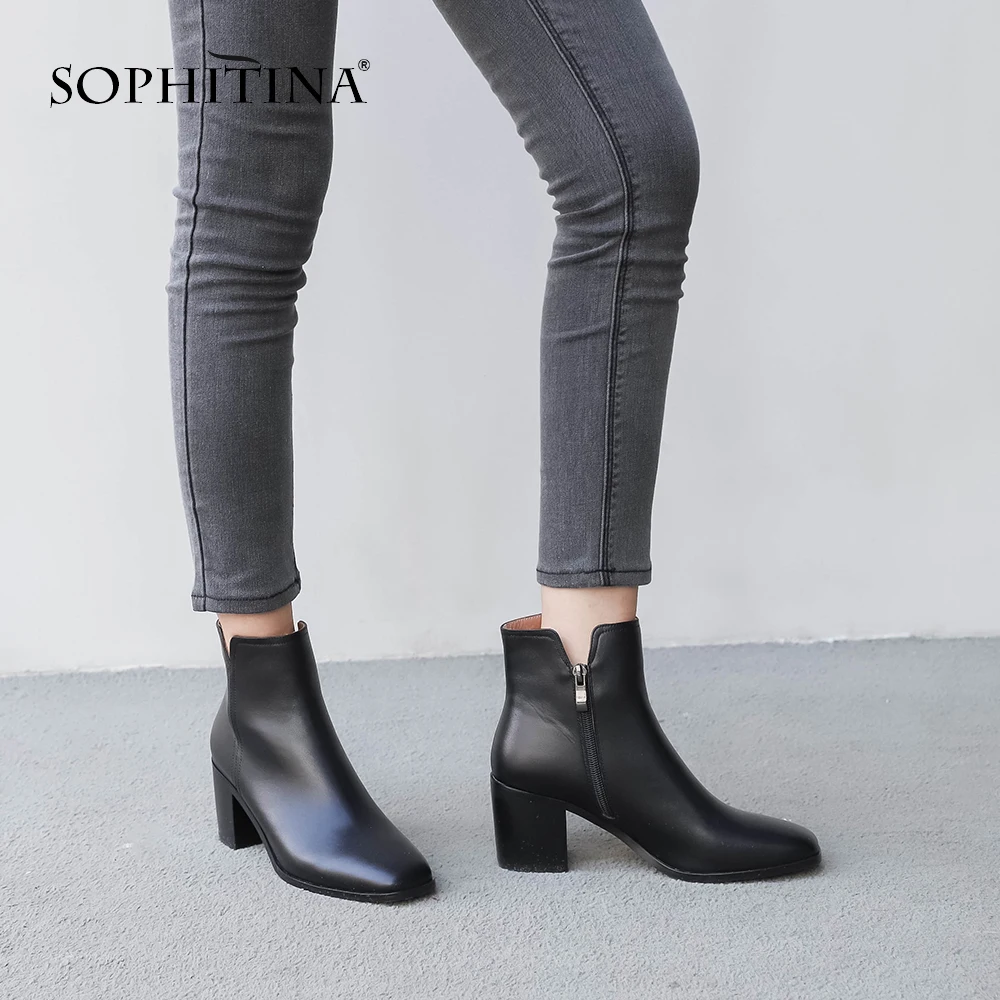 SOPHITINA/Модные женские ботинки; зимняя однотонная обувь ручной работы на высоком каблуке 6 см; классические удобные женские ботинки на квадратном каблуке с молнией; MO277