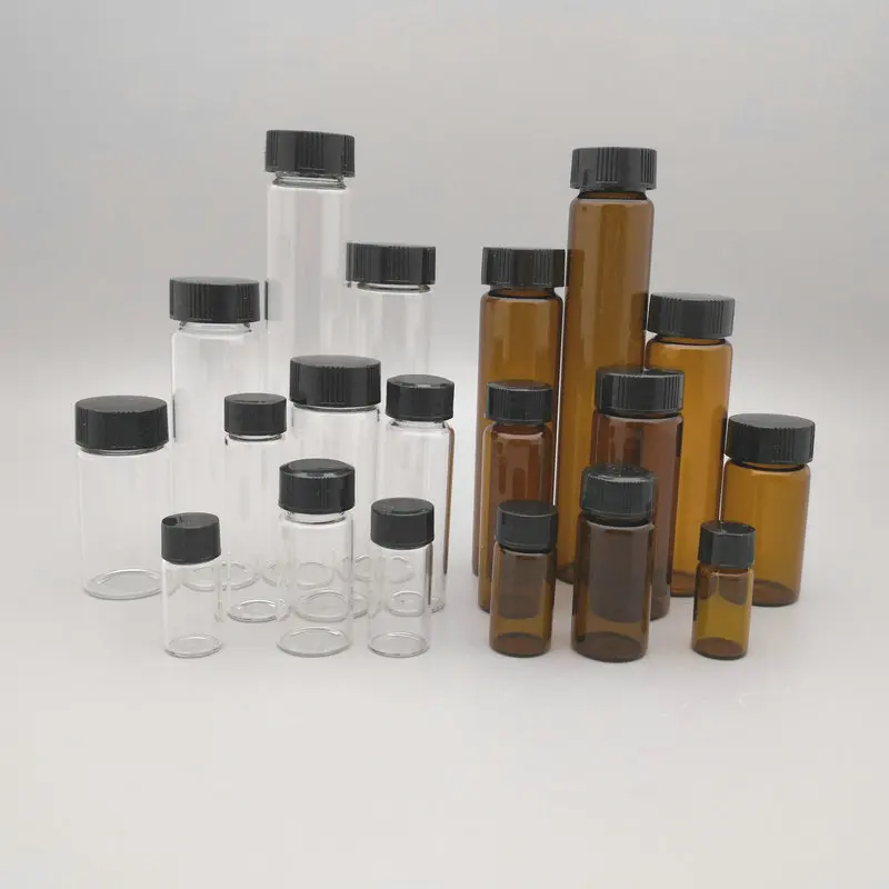 20pcs/lot 3ml To 50ml (Clear/ Brown) Glass Reagent Bottle Sample Vials with Plastic Lid Screw Cap