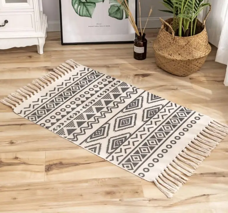 

Retro Bohemian Hand Woven Cotton Linen Carpet Rug Bedside Rug Living Room Bedroom Carpet Home Decor Soft Fluffy Rug 60*90CM