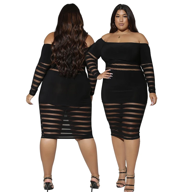 

Plus Size Women Long Sleeve Dresses Transparent Mesh Dress Slash Neck Off Shoulder Black Bodycon Dress Wholesale Dropshipping