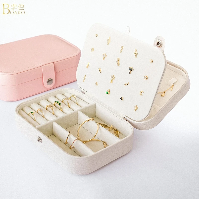 

BoakoPinkMutiFunctionPuLeatherEarringRingNecklaceJewelryBoxCases DisplaySquareCuteGirlBox Luxury Retro Woman