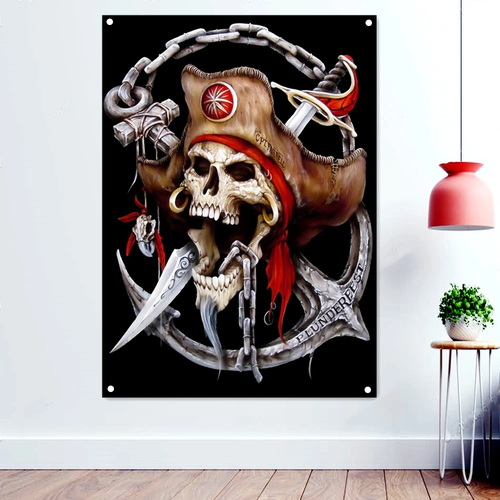 

Sabre Anchor Skull Flag Wall Hanging Movie Poster Canvas Painting Vintage Pirate Banner With Four Metal Buckle Living Room Decor