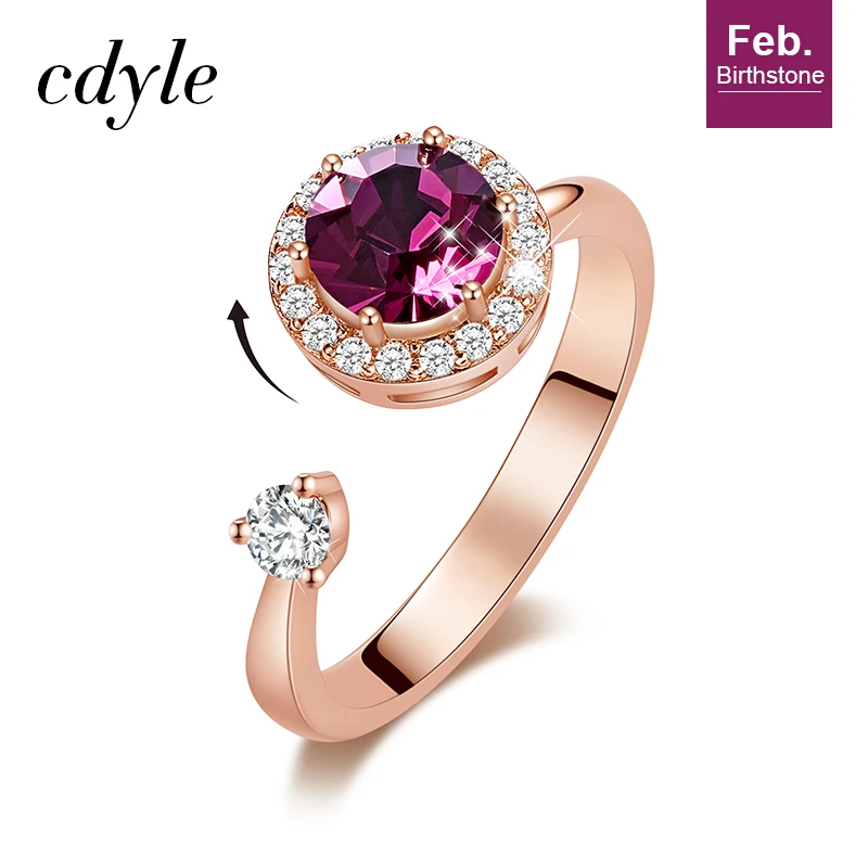 Cdyle, женское блестящее вращающееся кольцо с фиолетовым кристаллом от Swarovski, регулируемые свадебные кольца серебряного цвета для девочек, Роскошные бренды - Цвет основного камня: Feb. R1014R-S