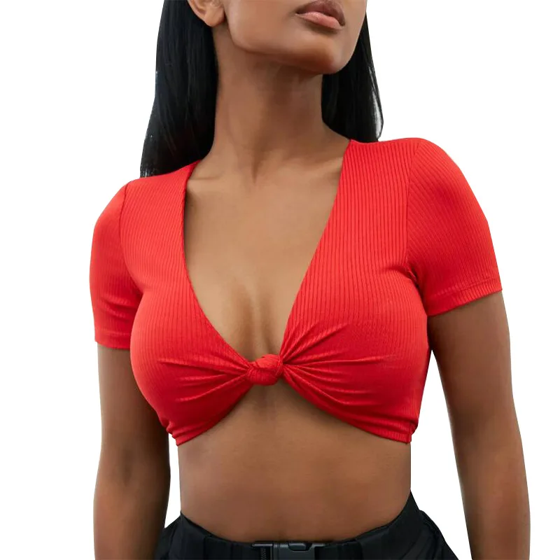 

Sexy White Deep V Neck Crop Wrap Knot Slim Fitted Top Solid T Shirt Women Summer Elegant 2021 Short Sleeve Tshirt Tops