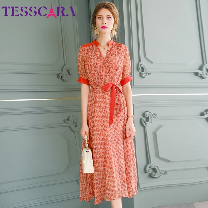Женское летнее элегантное шифоновое платье TESSCARA высококачественное офисное с V
