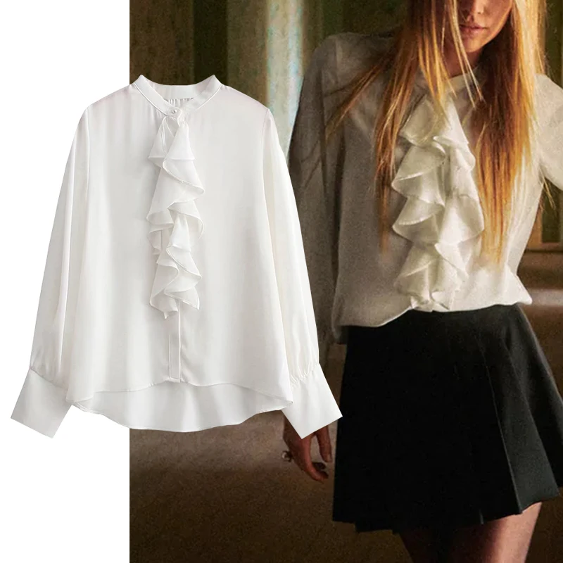 

ZA Spring Autumn Women Blouse Shirts 2021 Ruffle V-Neck Single Breasted Casual Chic Top Long Sleeve Female Elegant Shirt