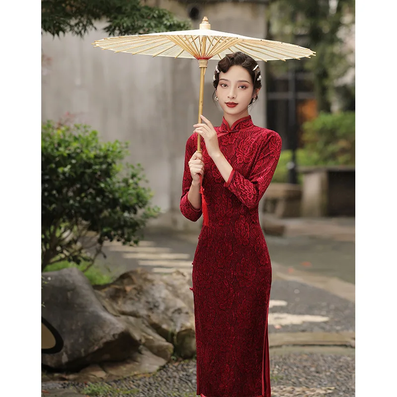 

BALDAUREN Sexy Long Slim Vintage Qipao Summer New Lady Printing Cheongsam Grace 3/4 Sleeve Party Prom Dress Gown Large Size
