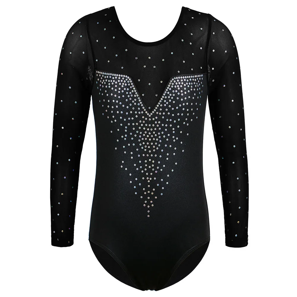 

BAOHULU Black Sequins Girls Leotards for Gymnastics Mesh Long Sleeve Jumpsuit Ballet Bodysuit Kids Athletics Training Costume